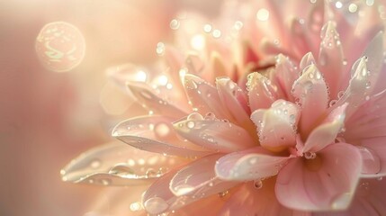 Fototapeta premium Dew-kissed pink flower in soft light, symbolizing freshness and new beginnings, and purpose for nature and beauty projects.