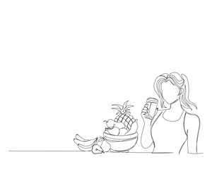 Continuous one line drawing of woman drinking water, vegan concept. Fruits on the basket and woman drinking juice single outline vector illustration.  Editable stroke.