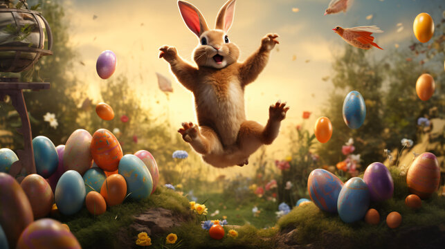 Happy Easter! Bunny jumping with joy with many Easter.