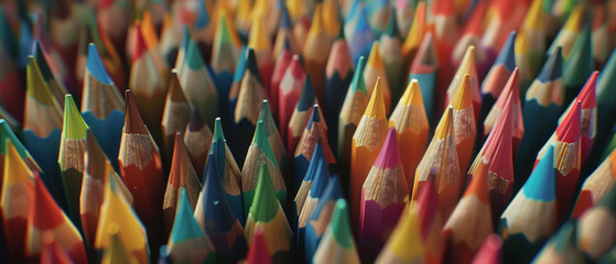 A vibrant array of sharpened color pencils points up, creativity awaiting release.