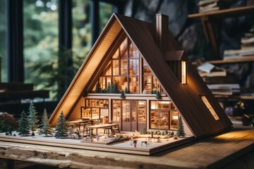 Detailed wooden house model with blueprints, architectural project concept in studio