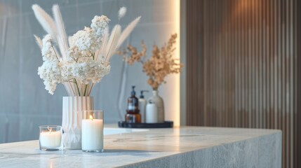 Elegant flower arrangement in vase with candles on a marble counter