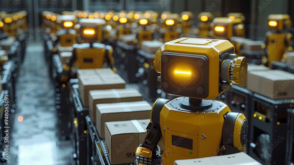 Poster storage facility robot loads up autonomous with a parcel. automated robot handling cardboard boxes i