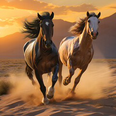 Obraz na płótnie Canvas Captivating Snapshot: Graceful Arabian Horses Galloping Free in the Wilderness Under a Crimson Skyline