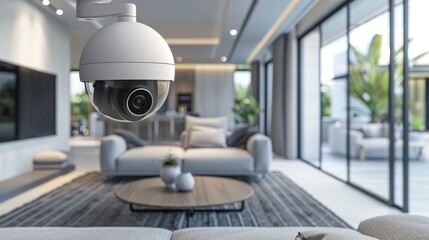 a home security camera in the modern minimal living room. security technology, smart digital lifestyle home automation control online futuristic. camera, iot, guard, sensor, cctv, home