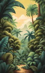 Tropical trees landscape wallpaper design, brush texture, plant and leaf, forest bacground, vintage, mural art, Generative AI