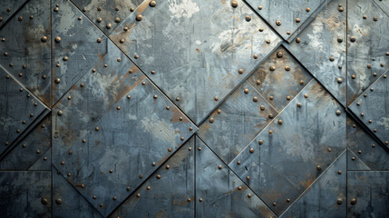 textured metal surface with a diamond pattern, embellished with rivets and showing signs of wear and rust.