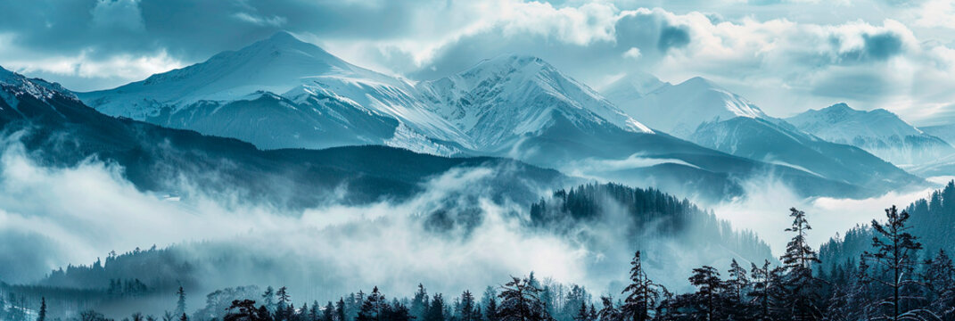 Fototapeta Panoramic landscape of fog forest in mountains
