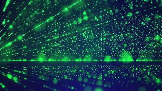 Abstract green light rays on dark gradient background. Endless light corridor with mirror reflections. Matrix animation, coding, data flow. Server data concept. Technology, cryptocurrency, ai. 4k loop