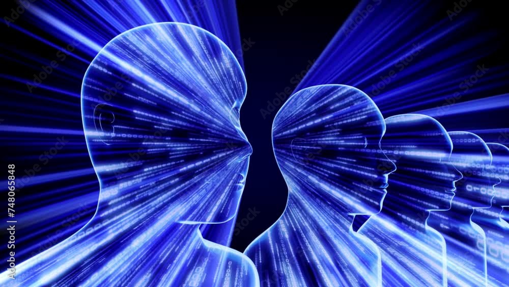Aufkleber many geometrical man heads and matrix style binary code - 3d 4k animation (3840 x 2160 px)