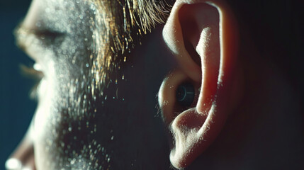 Close-up of hearing aid in a man's ear