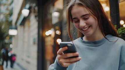 Glad sjekke sosiale medier holder smarttelefon hjemme. Smilende ung latinsk kvinne ved hjelp av mobiltelefon app spille spill, - obrazy, fototapety, plakaty