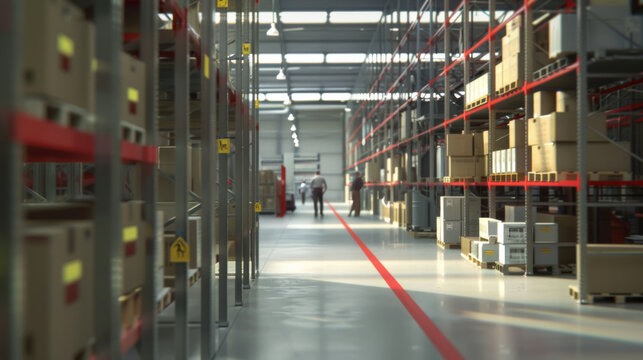 warehouse with tall shelving stocked with boxes, a clear central aisle, and industrial lighting overhead.