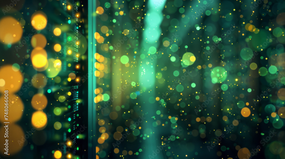 Poster blurred view of a data center with rows of server racks illuminated by blue and yellow led lights.