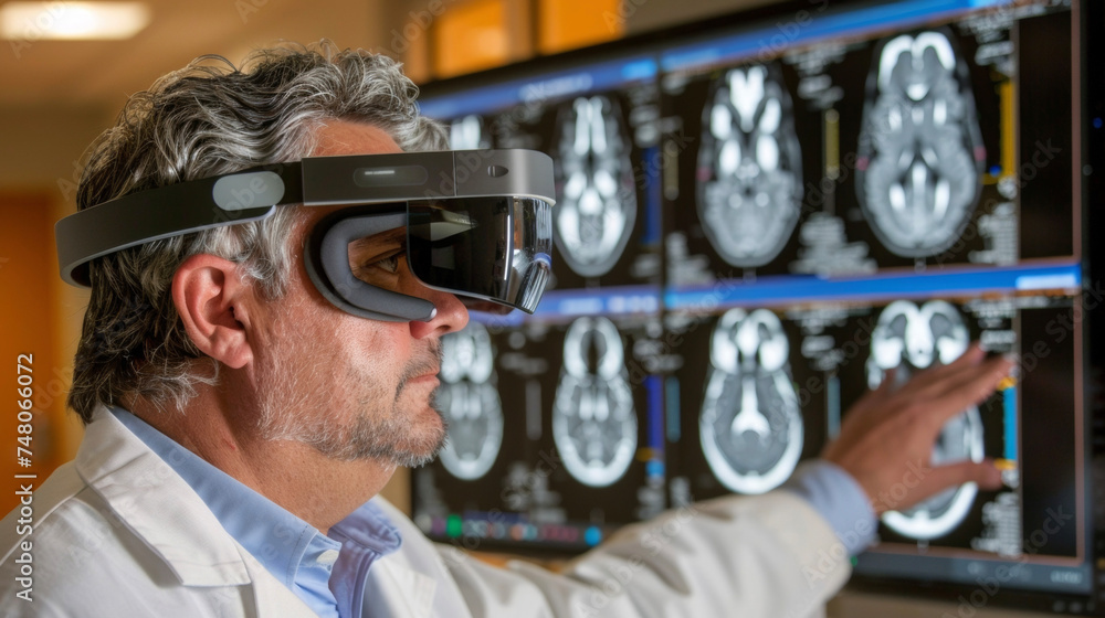 Poster a doctor uses augmented reality glasses to view a patients mri results in realtime aided by aienhanc