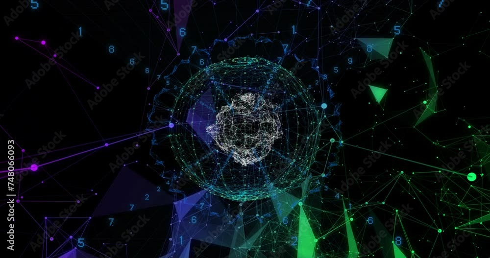 Poster animation of data processing and globe over black background