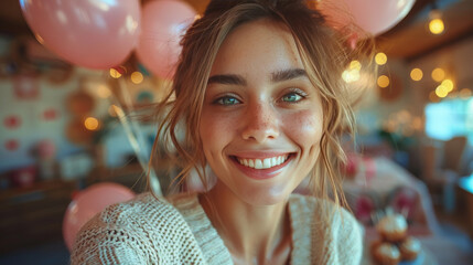 Fototapeta premium Birthday Selfie: A Pretty Woman with a Cake and a Balloon Party Outdoor