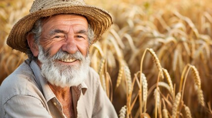 Fototapeta premium Happy smiling caucasian forty years old farmer standing proud in front of his wheat fields