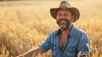 Happy smiling caucasian forty years old farmer standing proud in front of his wheat fields - obrazy, fototapety, plakaty