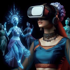 Indian dancer wearing vr headset, holographic digital dancers beside her on black background, VR...