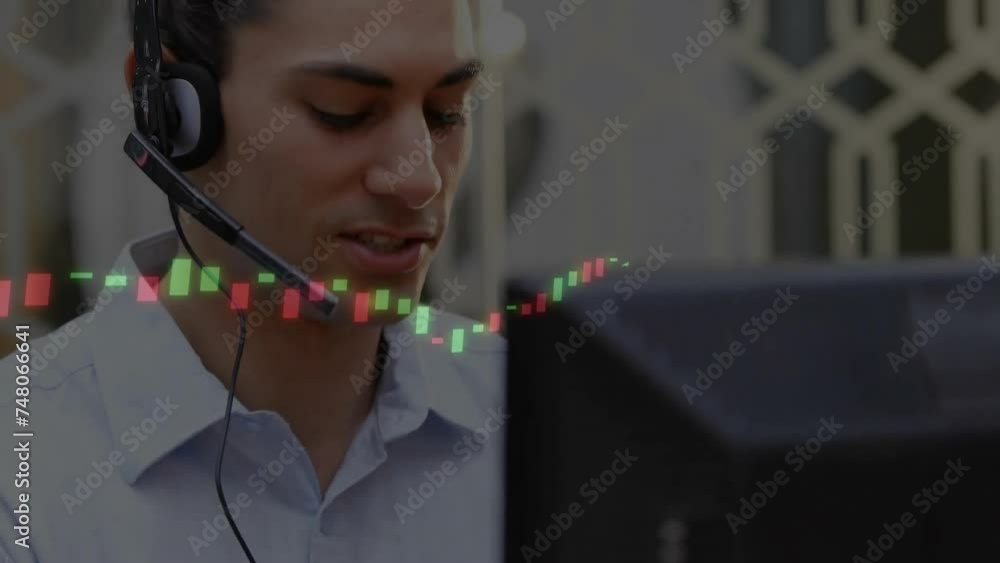 Poster animation of data processing over caucasian businessman using phone headset
