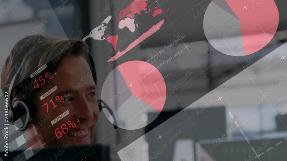 Poster animation of data processing over caucasian businessman using phone headset