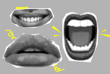 Collection collage elements open mouth teeth lips in halftone style