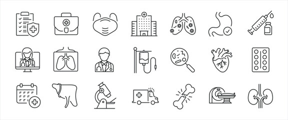 Healthcare simple minimal thin line icons. Related medical, medicine, doctor, diagnostic. Editable stroke. Vector illustration.