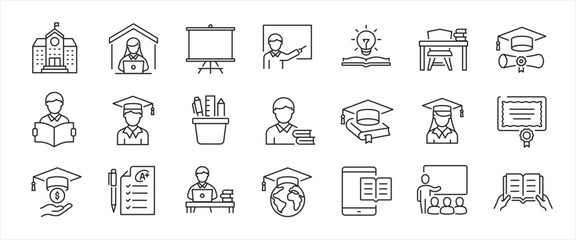 Education simple minimal thin line icons. Related student, academy, school, college. Editable stroke. Vector illustration.