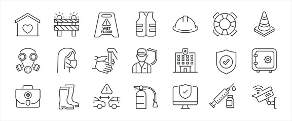 Safety simple minimal thin line icons. Related construction, hazard, protection, health. Editable stroke. Vector illustration.
