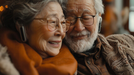 An older couple with hearing aids stand together happily