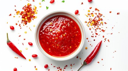 red hot chilli sauce isolated on a white background.Top view - obrazy, fototapety, plakaty