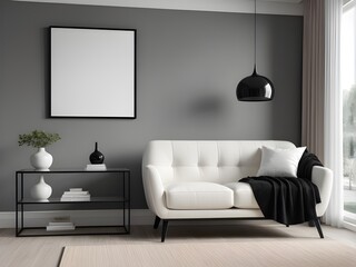 Poster frame mockup on the wall of modern living room, Modern interior design