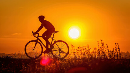 Obraz premium Silhouette Of Male Cyclist With Sunset And Beautiful Landscape. Man With Bike, Male Cyclist Background