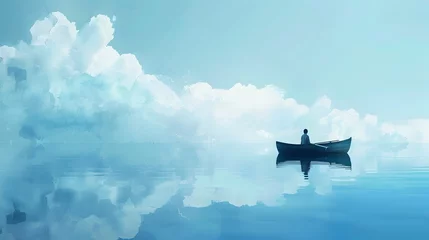 Papier Peint photo Lavable Bleu clair Man Living on a Boat in a Clouded Sky