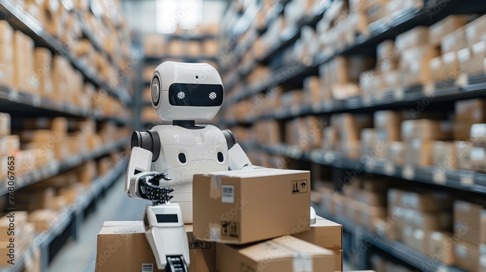 Poster an intelligent robot arm, storage facility robot loads up autonomous with a parcel. automated robot 