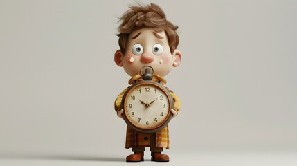 Cartoon Boy Holding a Clock in a Stylized Manner