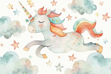 Charming watercolor illustration of a baby unicorn surrounded by a vibrant floral garden