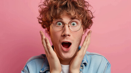 man with curly hair and glasses, his mouth open in a surprised expression, hands raised to the sides of his face against a pink background. - obrazy, fototapety, plakaty