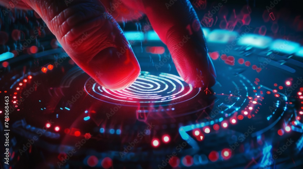 Poster users online security check system. businessman using fingerprint. digital transformation technology