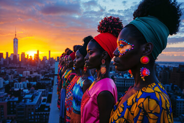 Profile view of elegant african women in colorful dresses and headwraps against a sunset cityscape - obrazy, fototapety, plakaty