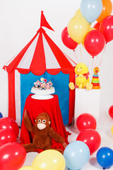 Obraz na płótnie Canvas Circus party decoration with a birthday cake, a play tent, animal toys and balloons isolated on white background. Red, yellow, blue and white colors. 