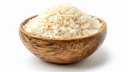 Uncooked dry rice in wooden bowl isolated on white