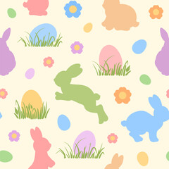 Cute Easter bunnies spring seamless pattern. Eggs and rabbits repeat design colorful vector illustration. Simple rabbit silhouettes seamless design. Easter bunny rabbit shapes. Pastel spring colors.