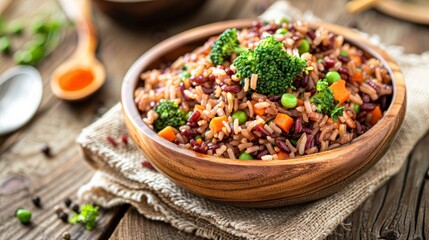 Vegetarian fried rice dish of red brown jasmine rice and riceberry with diced fresh broccoli and carrot in wooden bowl over natural sackcloth on wood table, - obrazy, fototapety, plakaty