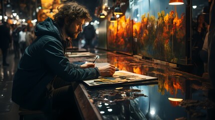 A reflective shot of an artist engrossed in their self-portrait, the whiteboard acting as a mirror to capture their likeness, while the vibrant street life unfolds behind them.