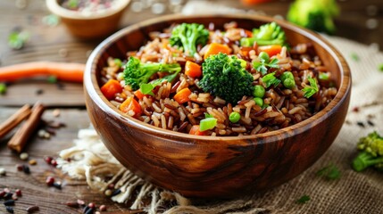Vegetarian fried rice dish of red brown jasmine rice and riceberry with diced fresh broccoli and carrot in wooden bowl over natural sackcloth on wood table, - obrazy, fototapety, plakaty