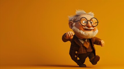Cartoon Old Man with Glasses Running on orange background