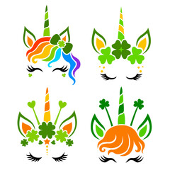 Fototapeta premium St. Patrick's Unicorn face vector. Cute collection. Animals with clover, hair bow and unicorn horn for girls. Magical characters. Illustrations isolated on white background.