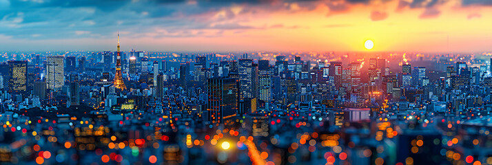 Night Cityscape of Asian Metropolis, Skyscrapers and Urban Skyline Illuminated at Dusk - obrazy, fototapety, plakaty